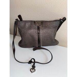 Brighton Pewter Metallic Leather Studded Crossbody Bag with Heart Charm